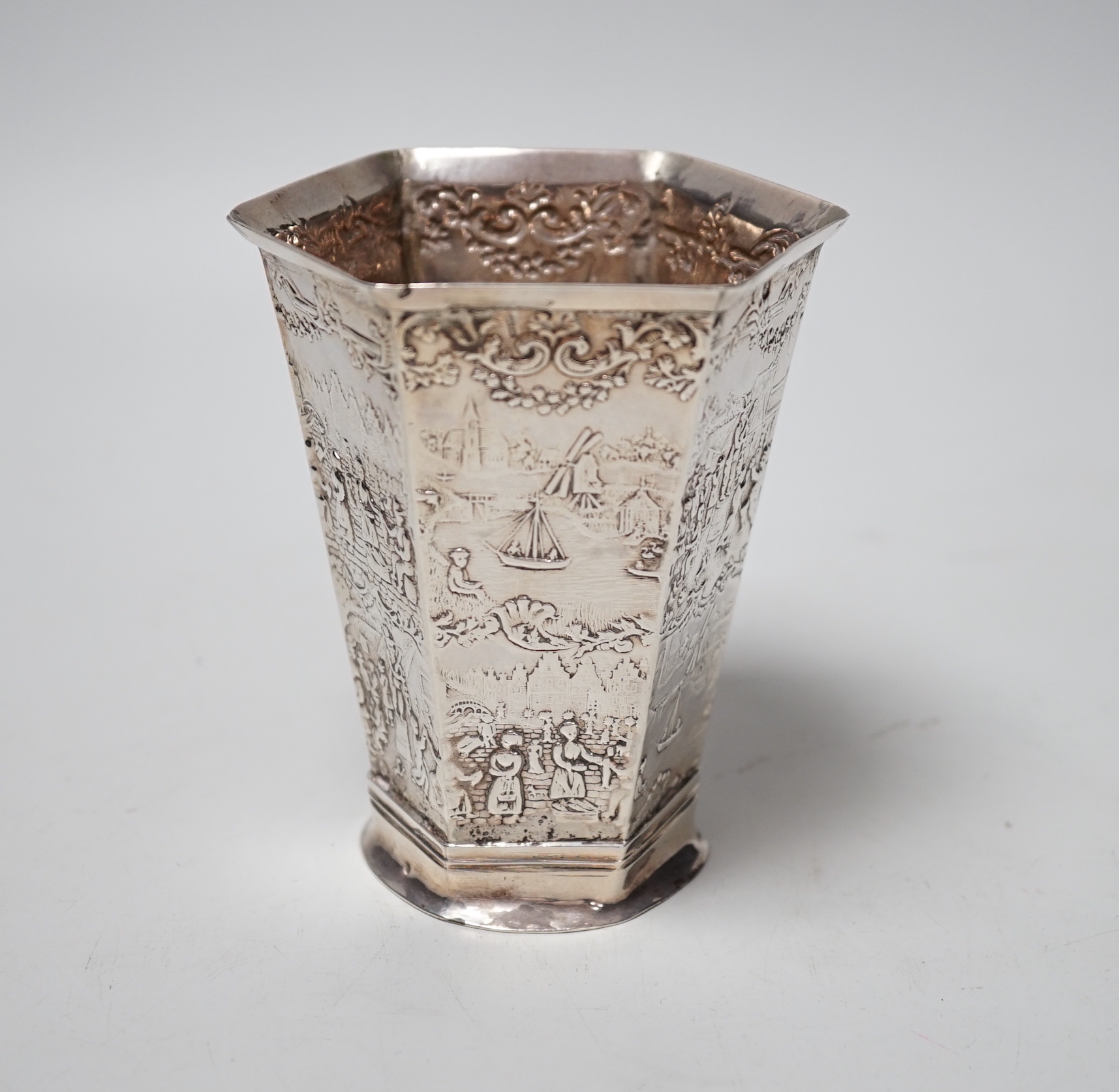 A late 19th century Dutch silver hexagonal vase, import marks for London, 1890, 11.2cm, 150 grams.